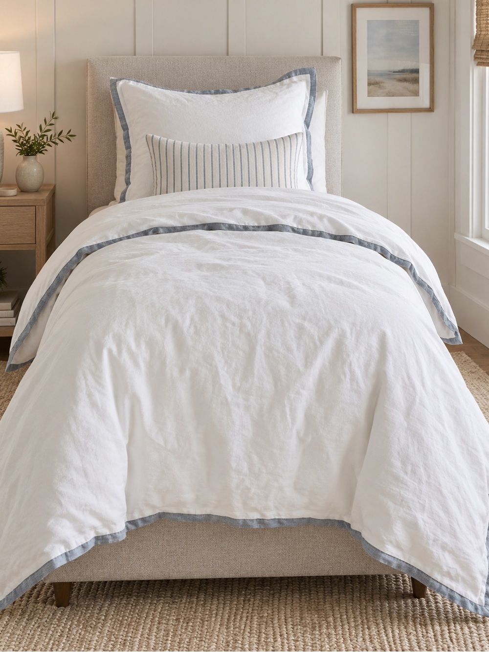 Pottery Barn Linen Duvet Cover – White with Chambray Blue Trim